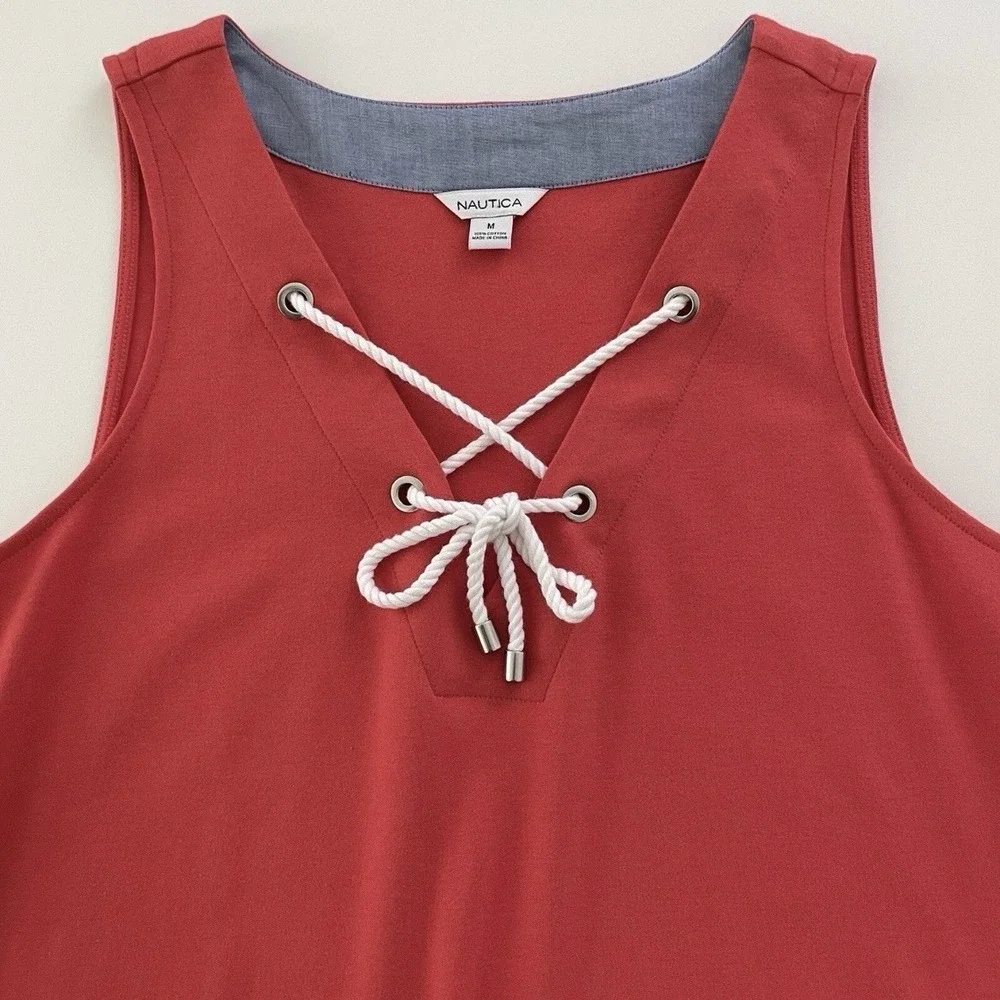 Nautica Women's Size Medium Coral Tie V-Neck 100% Cotton Shift Mini Dress NWOT